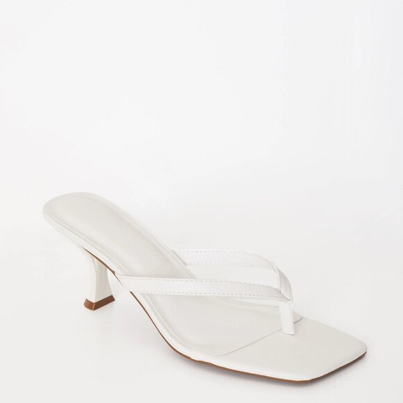 NEW🔥White Square Open Toe Thong Flip Flop Slide Sandals Mules Med Stiletto Heel - Picture 6 of 8